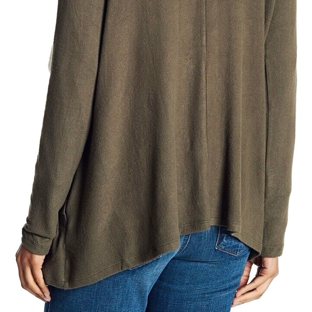 SUSINA Olive Green Faux Fur Trimmed Shawl Collar Draped Open Front Cardigan - Picture 7 of 12